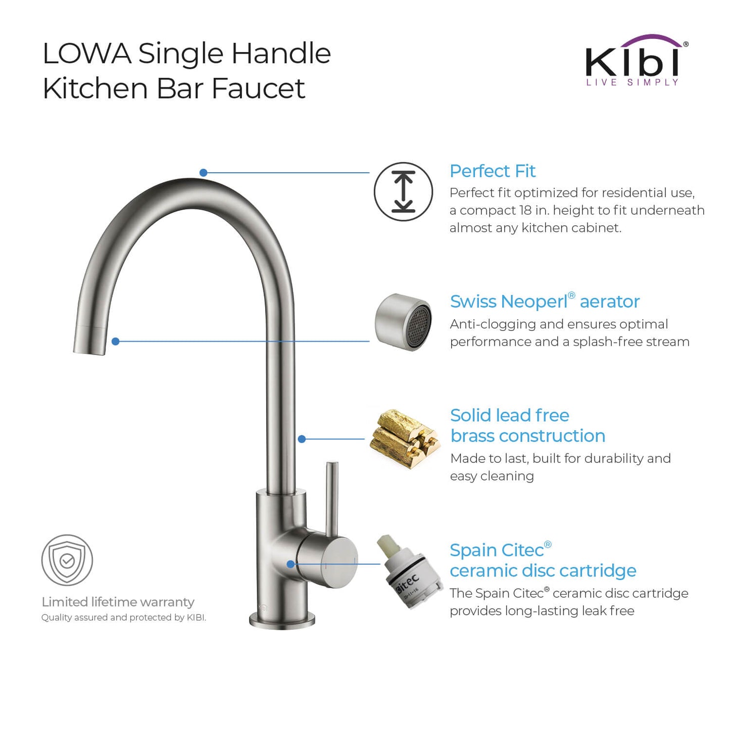 Kibi Lowa Single Handle High Arc Kitchen Bar Sink Faucet With Soap Dispenser in Brushed Nickel Finish - C-KKF2001BN-KSD100BN