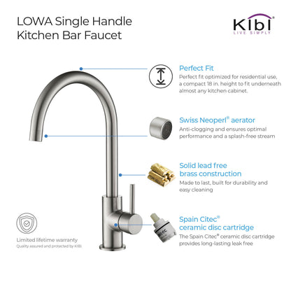 Kibi Lowa Single Handle High Arc Kitchen Bar Sink Faucet With Soap Dispenser in Brushed Nickel Finish - C-KKF2001BN-KSD100BN