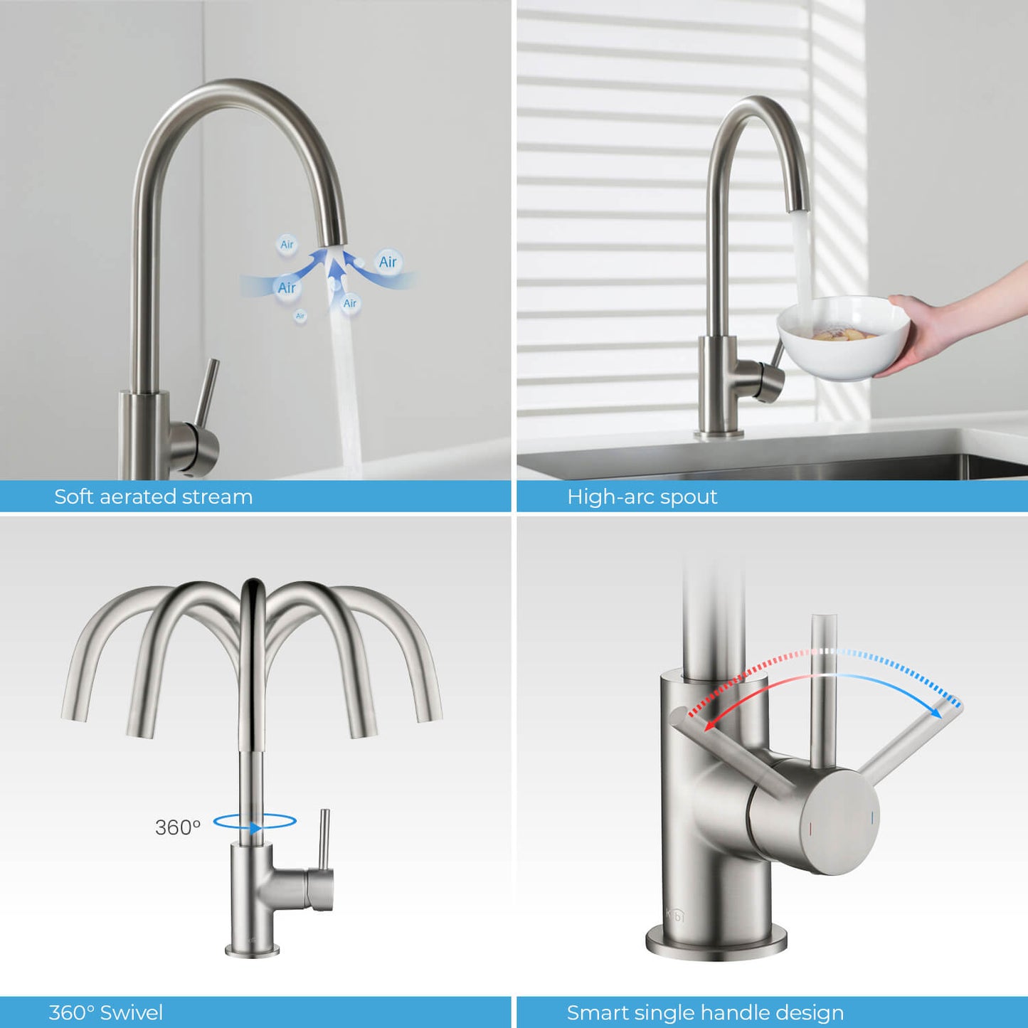 Kibi Lowa Single Handle High Arc Kitchen Bar Sink Faucet With Soap Dispenser in Brushed Nickel Finish - C-KKF2001BN-KSD100BN