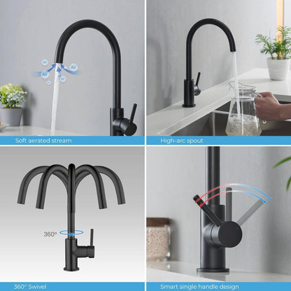 Kibi Lowa Single Handle High Arc Kitchen Bar Sink Faucet With Soap Dispenser in Matte Black Finish - C-KKF2001MB-KSD100MB