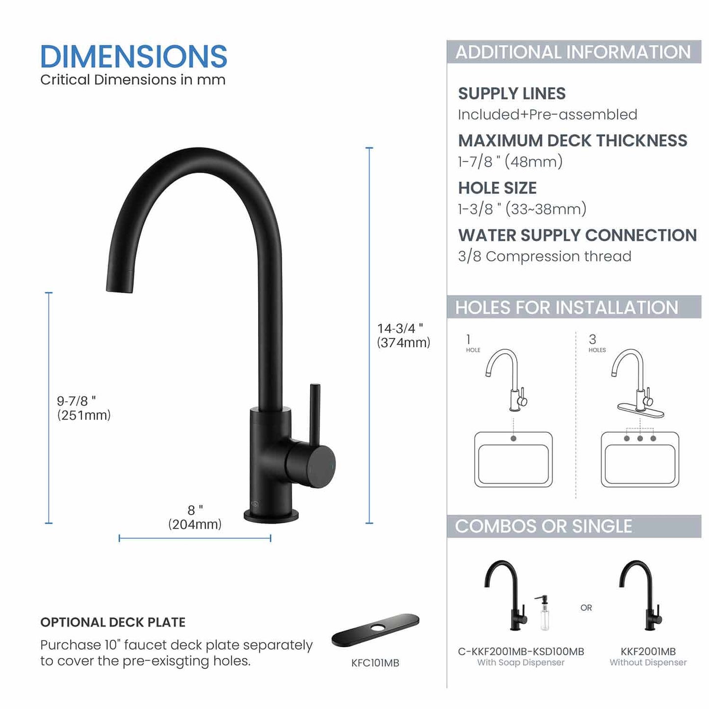 Kibi Lowa Single Handle High Arc Kitchen Bar Sink Faucet With Soap Dispenser in Matte Black Finish - C-KKF2001MB-KSD100MB