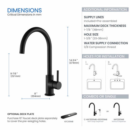 Kibi Lowa Single Handle High Arc Kitchen Bar Sink Faucet With Soap Dispenser in Matte Black Finish - C-KKF2001MB-KSD100MB