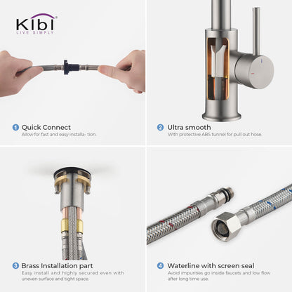 Kibi Luxe Single Handle High Arc Pull Down Kitchen Faucet With Soap Dispenser in Brushed Nickel Finish - C-KKF2011BN-KSD100BN