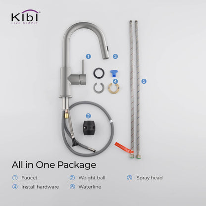 Kibi Luxe Single Handle High Arc Pull Down Kitchen Faucet With Soap Dispenser in Brushed Nickel Finish - C-KKF2011BN-KSD100BN