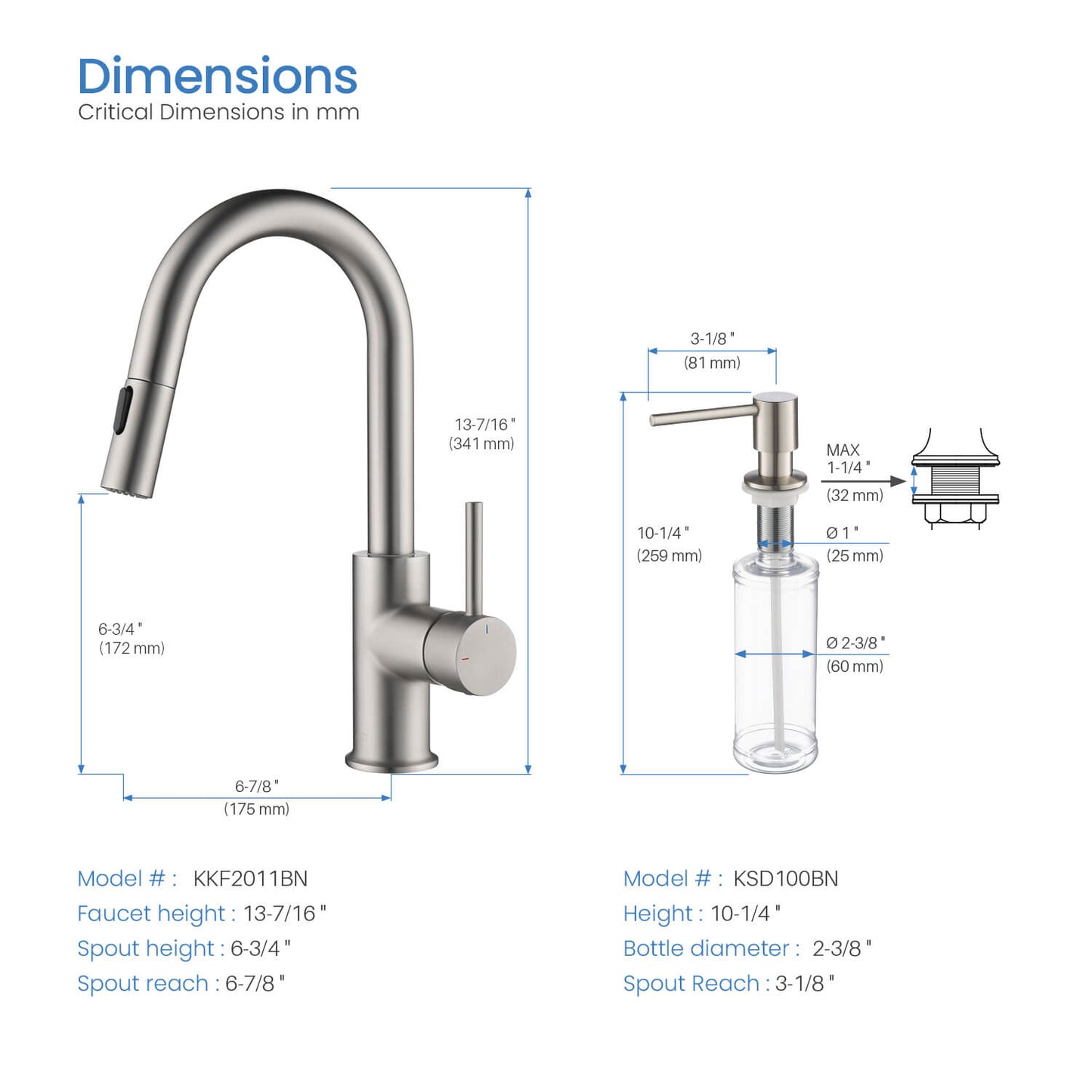 Kibi Luxe Single Handle High Arc Pull Down Kitchen Faucet With Soap Dispenser in Brushed Nickel Finish - C-KKF2011BN-KSD100BN