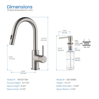 Kibi Luxe Single Handle High Arc Pull Down Kitchen Faucet With Soap Dispenser in Brushed Nickel Finish - C-KKF2011BN-KSD100BN