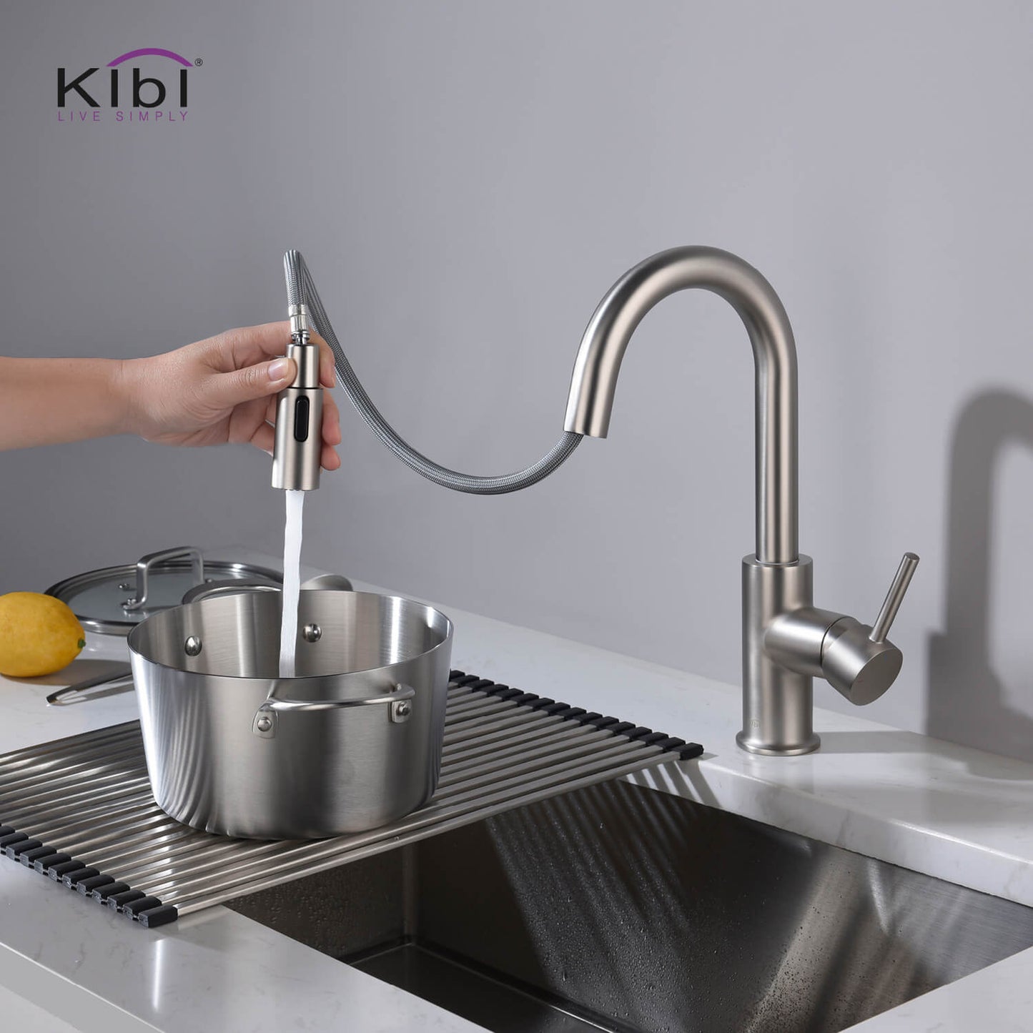 Kibi Luxe Single Handle High Arc Pull Down Kitchen Faucet With Soap Dispenser in Brushed Nickel Finish - C-KKF2011BN-KSD100BN