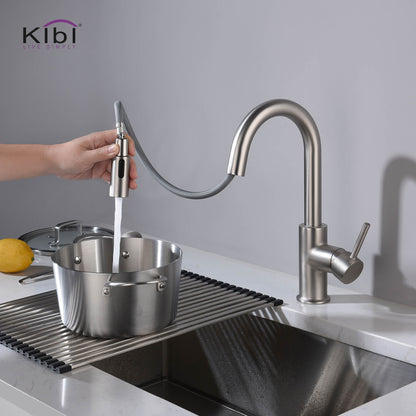 Kibi Luxe Single Handle High Arc Pull Down Kitchen Faucet With Soap Dispenser in Brushed Nickel Finish - C-KKF2011BN-KSD100BN