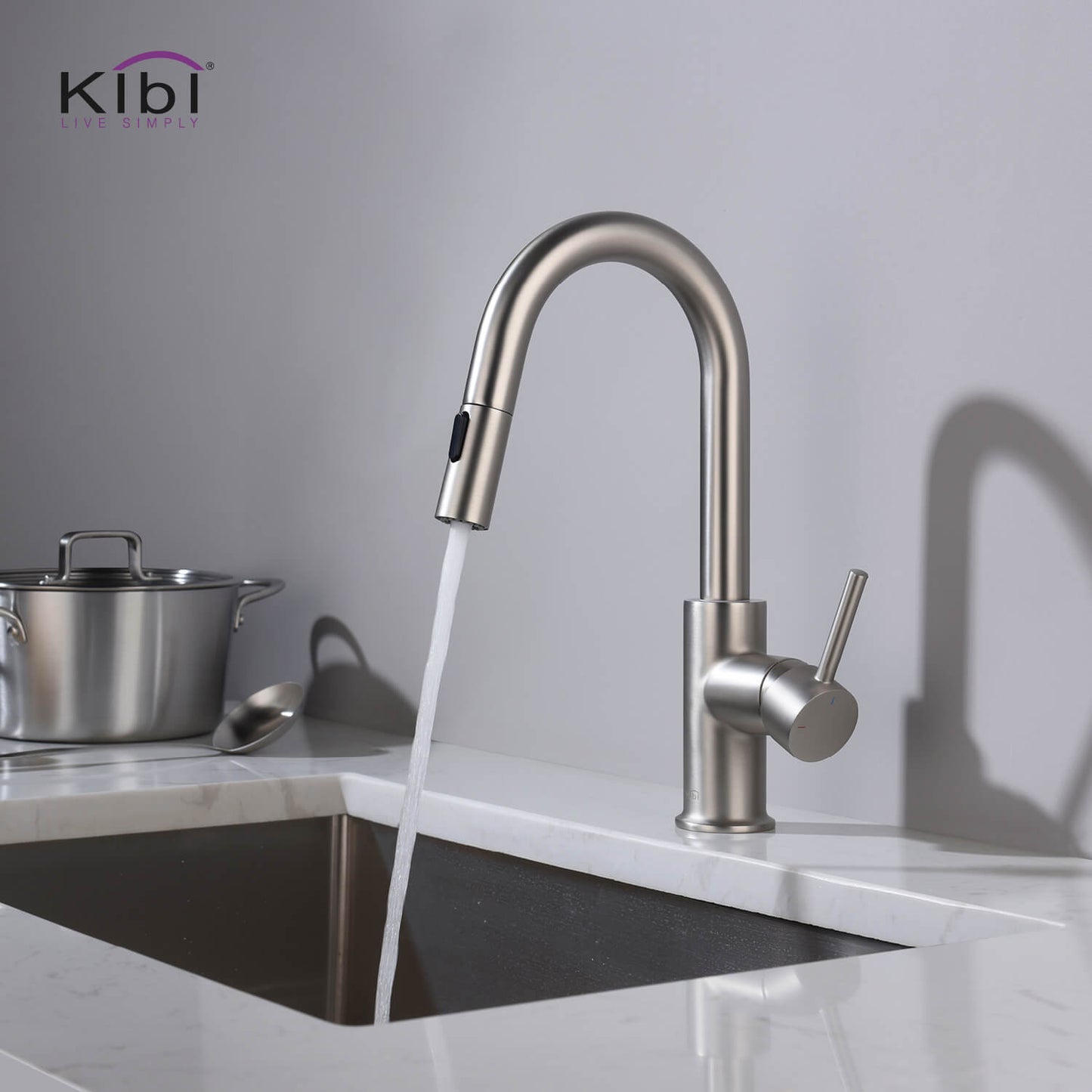 Kibi Luxe Single Handle High Arc Pull Down Kitchen Faucet With Soap Dispenser in Brushed Nickel Finish - C-KKF2011BN-KSD100BN