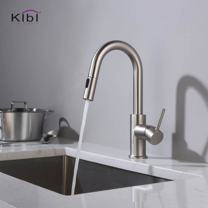 Kibi Luxe Single Handle High Arc Pull Down Kitchen Faucet With Soap Dispenser in Brushed Nickel Finish - C-KKF2011BN-KSD100BN
