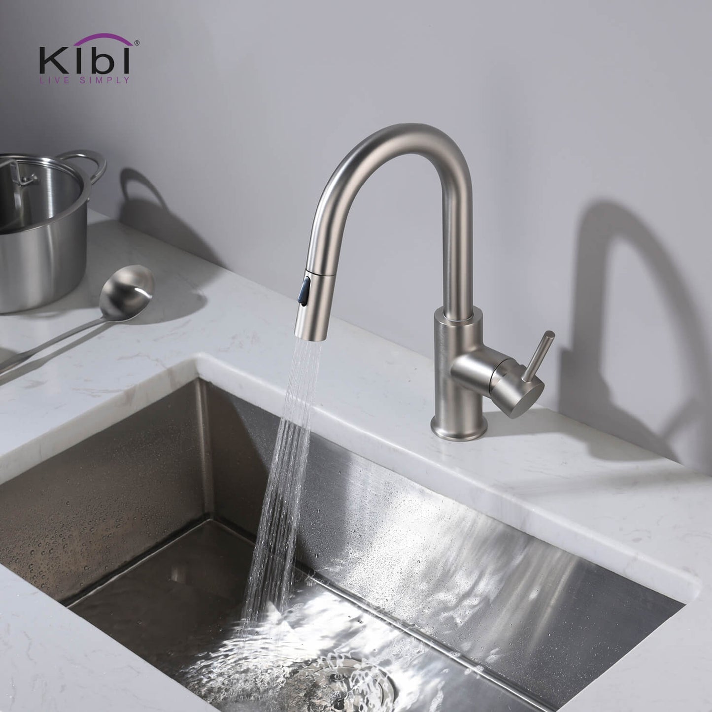 Kibi Luxe Single Handle High Arc Pull Down Kitchen Faucet With Soap Dispenser in Brushed Nickel Finish - C-KKF2011BN-KSD100BN