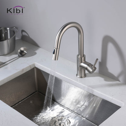Kibi Luxe Single Handle High Arc Pull Down Kitchen Faucet With Soap Dispenser in Brushed Nickel Finish - C-KKF2011BN-KSD100BN