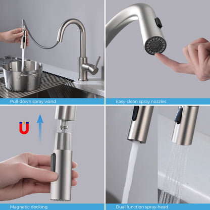 Kibi Luxe Single Handle High Arc Pull Down Kitchen Faucet With Soap Dispenser in Brushed Nickel Finish - C-KKF2011BN-KSD100BN