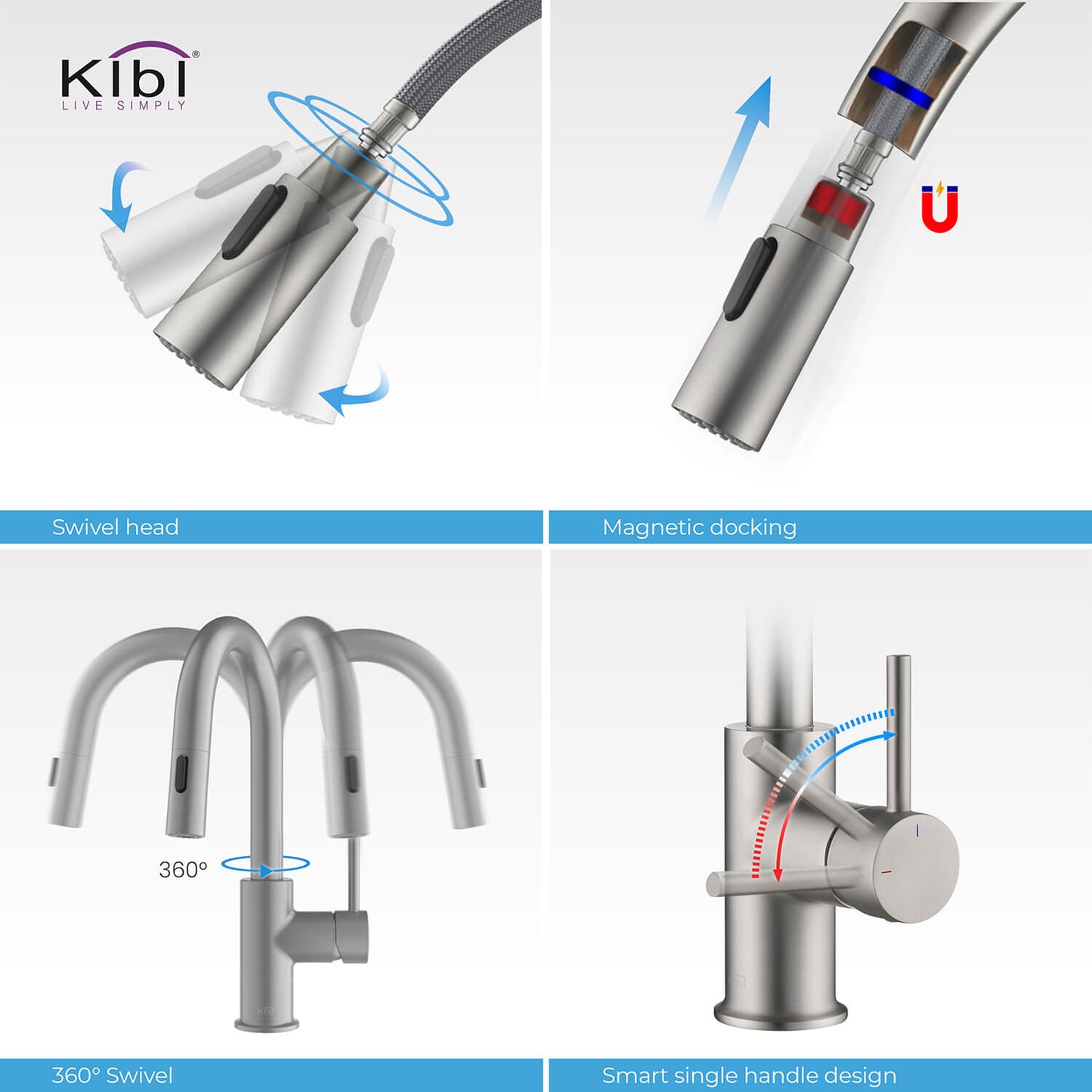 Kibi Luxe Single Handle High Arc Pull Down Kitchen Faucet With Soap Dispenser in Brushed Nickel Finish - C-KKF2011BN-KSD100BN