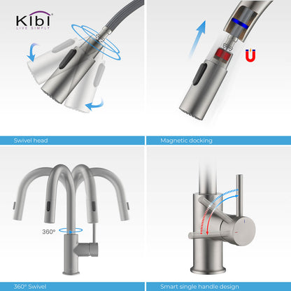 Kibi Luxe Single Handle High Arc Pull Down Kitchen Faucet With Soap Dispenser in Brushed Nickel Finish - C-KKF2011BN-KSD100BN