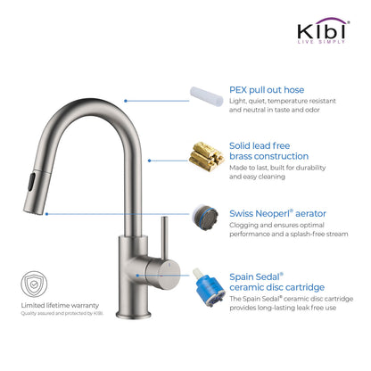 Kibi Luxe Single Handle High Arc Pull Down Kitchen Faucet With Soap Dispenser in Brushed Nickel Finish - C-KKF2011BN-KSD100BN