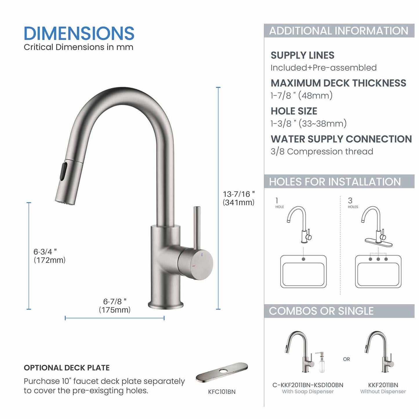 Kibi Luxe Single Handle High Arc Pull Down Kitchen Faucet With Soap Dispenser in Brushed Nickel Finish - C-KKF2011BN-KSD100BN