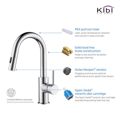 Kibi Luxe Single Handle High Arc Pull Down Kitchen Faucet With Soap Dispenser in Chrome Finish - C-KKF2011CH-KSD100CH