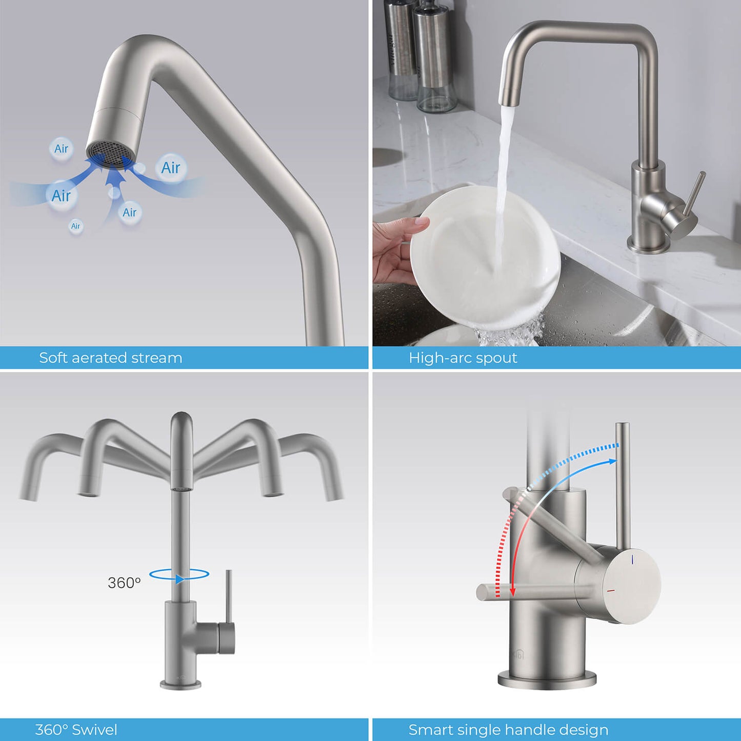 Kibi Macon Single Handle High Arc Kitchen Bar Sink Faucet With Soap Dispenser in Brushed Nickel Finish - C-KKF2012BN-KSD100BN