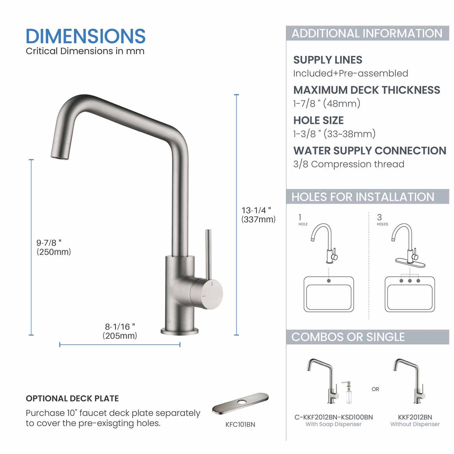 Kibi Macon Single Handle High Arc Kitchen Bar Sink Faucet With Soap Dispenser in Brushed Nickel Finish - C-KKF2012BN-KSD100BN