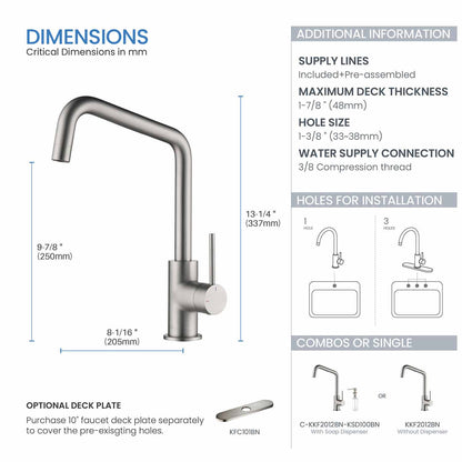 Kibi Macon Single Handle High Arc Kitchen Bar Sink Faucet With Soap Dispenser in Brushed Nickel Finish - C-KKF2012BN-KSD100BN