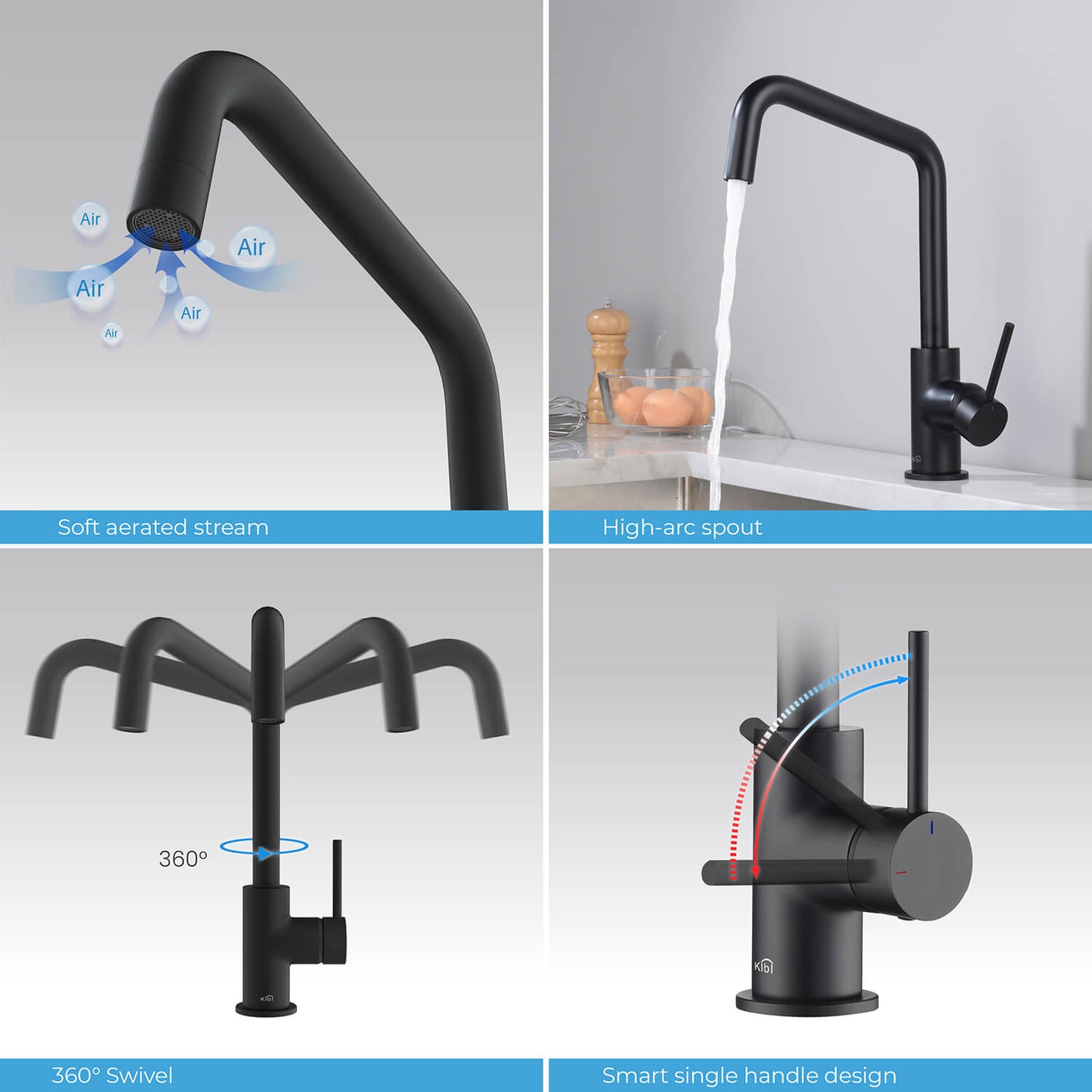 Kibi Macon Single Handle High Arc Kitchen Bar Sink Faucet With Soap Dispenser in Matte Black Finish - C-KKF2012MB-KSD100MB