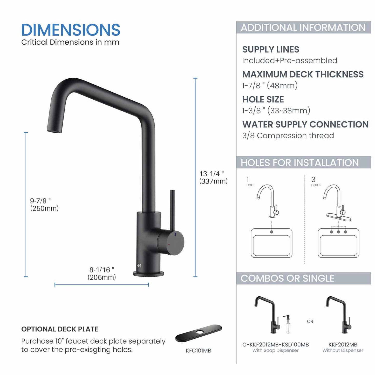 Kibi Macon Single Handle High Arc Kitchen Bar Sink Faucet With Soap Dispenser in Matte Black Finish - C-KKF2012MB-KSD100MB