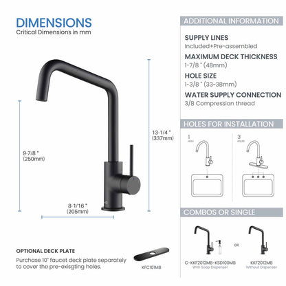 Kibi Macon Single Handle High Arc Kitchen Bar Sink Faucet With Soap Dispenser in Matte Black Finish - C-KKF2012MB-KSD100MB