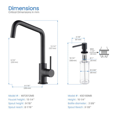 Kibi Macon Single Handle High Arc Kitchen Bar Sink Faucet With Soap Dispenser in Matte Black Finish - C-KKF2012MB-KSD100MB
