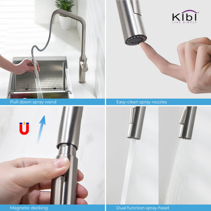 Kibi Macon Single Handle High Arc Pull Down Kitchen Faucet With Soap Dispenser in Brushed Nickel Finish - C-KKF2007BN-KSD100BN