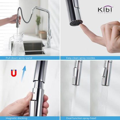 Kibi Macon Single Handle High Arc Pull Down Kitchen Faucet With Soap Dispenser in Chrome Finish - C-KKF2007CH-KSD100CH