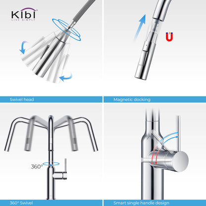 Kibi Macon Single Handle High Arc Pull Down Kitchen Faucet With Soap Dispenser in Chrome Finish - C-KKF2007CH-KSD100CH