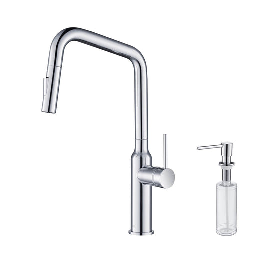 Kibi Macon Single Handle High Arc Pull Down Kitchen Faucet With Soap Dispenser in Chrome Finish - C-KKF2007CH-KSD100CH