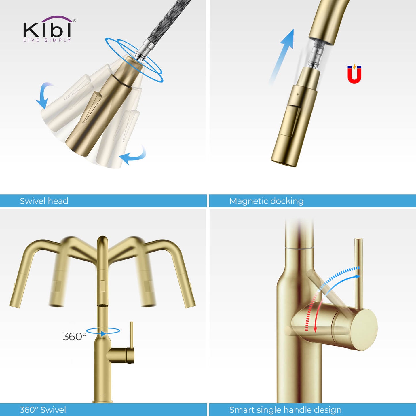 Kibi Macon Single Handle High Arc Pull Down Kitchen Faucet in Brushed Gold Finish - KKF2007BG