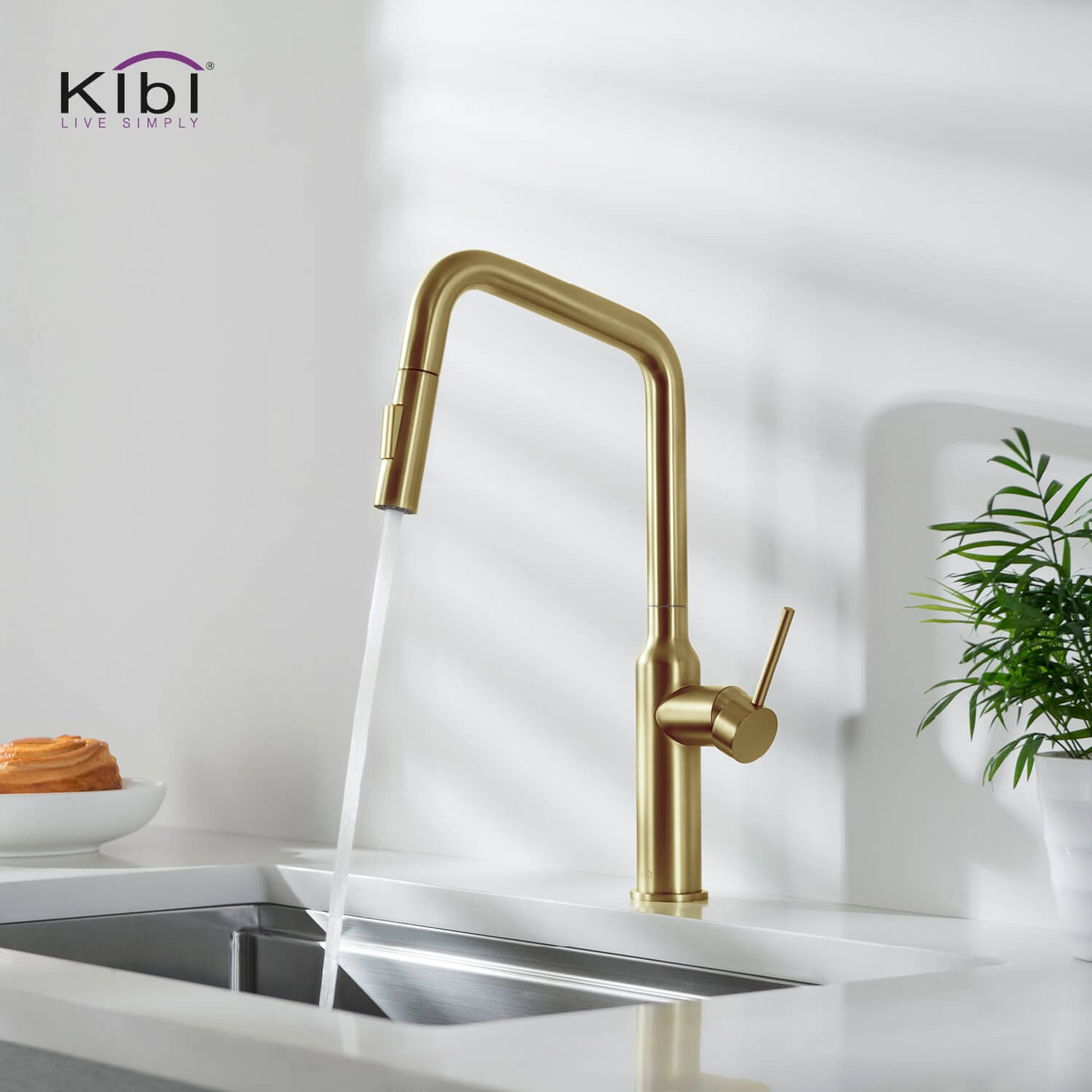 Kibi Macon Single Handle High Arc Pull Down Kitchen Faucet in Brushed Gold Finish - KKF2007BG