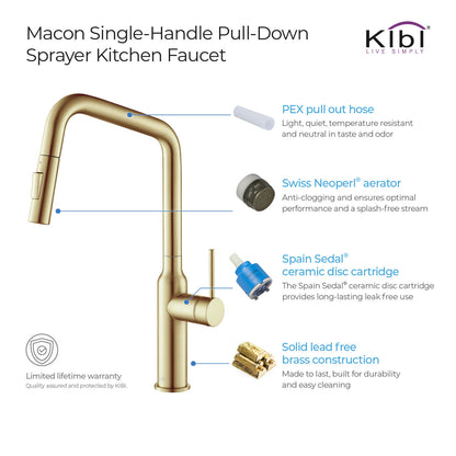 Kibi Macon Single Handle High Arc Pull Down Kitchen Faucet in Brushed Gold Finish - KKF2007BG