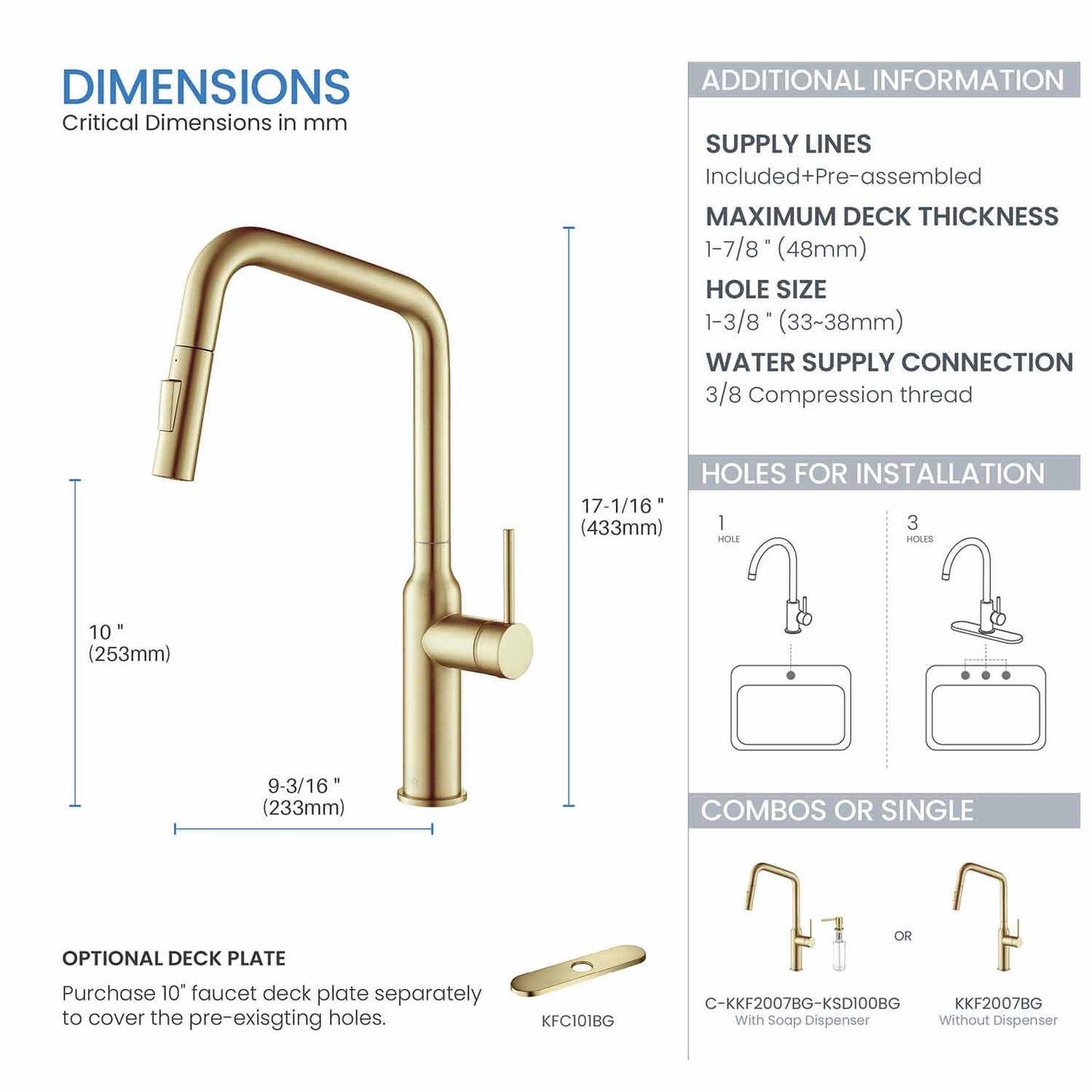 Kibi Macon Single Handle High Arc Pull Down Kitchen Faucet in Brushed Gold Finish - KKF2007BG