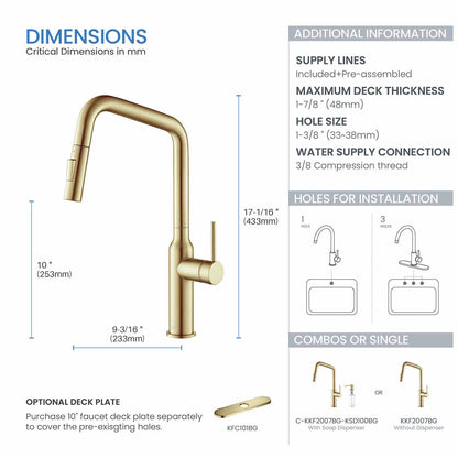 Kibi Macon Single Handle High Arc Pull Down Kitchen Faucet in Brushed Gold Finish - KKF2007BG