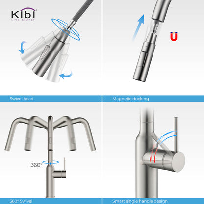 Kibi Macon Single Handle High Arc Pull Down Kitchen Faucet in Brushed Nickel Finish - KKF2007BN