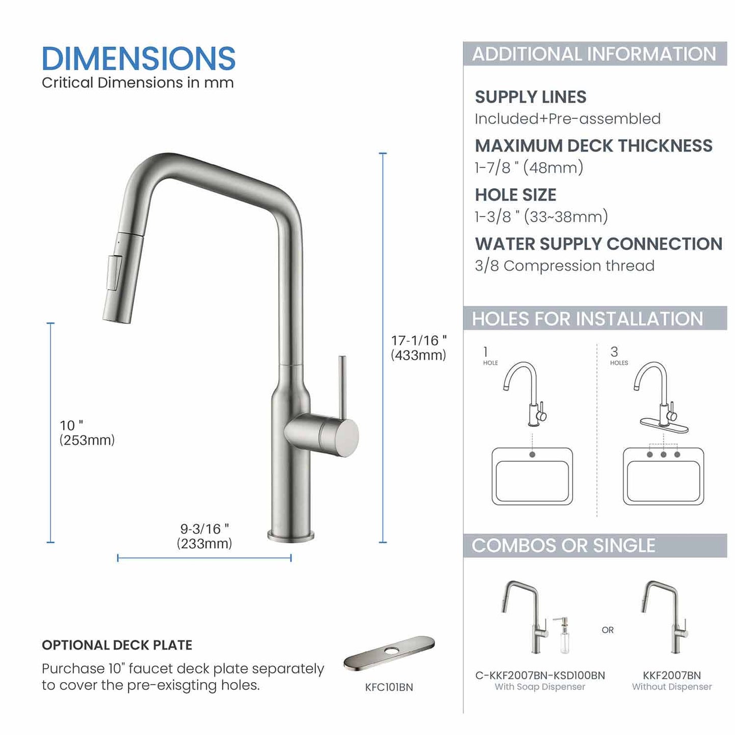 Kibi Macon Single Handle High Arc Pull Down Kitchen Faucet in Brushed Nickel Finish - KKF2007BN