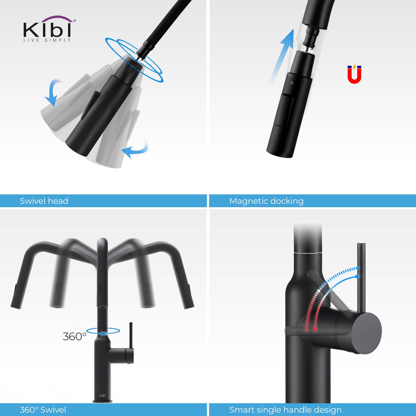 Kibi Macon Single Handle High Arc Pull Down Kitchen Faucet in Matte Black Finish - KKF2007MB