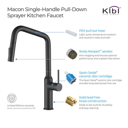 Kibi Macon Single Handle High Arc Pull Down Kitchen Faucet in Matte Black Finish - KKF2007MB