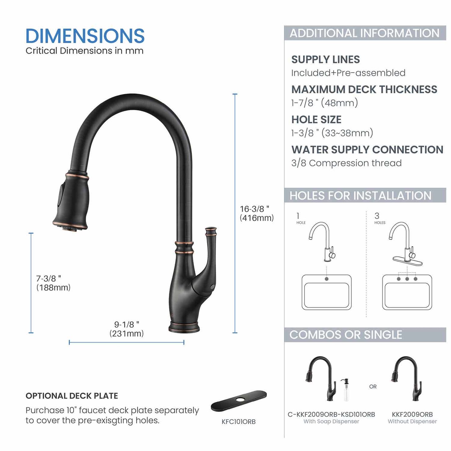 Kibi Summit Single Handle High Arc Pull Down Kitchen Faucet With Soap Dispenser in Oil Rubbed Bronze Finish - C-KKF2009ORB-KSD101ORB