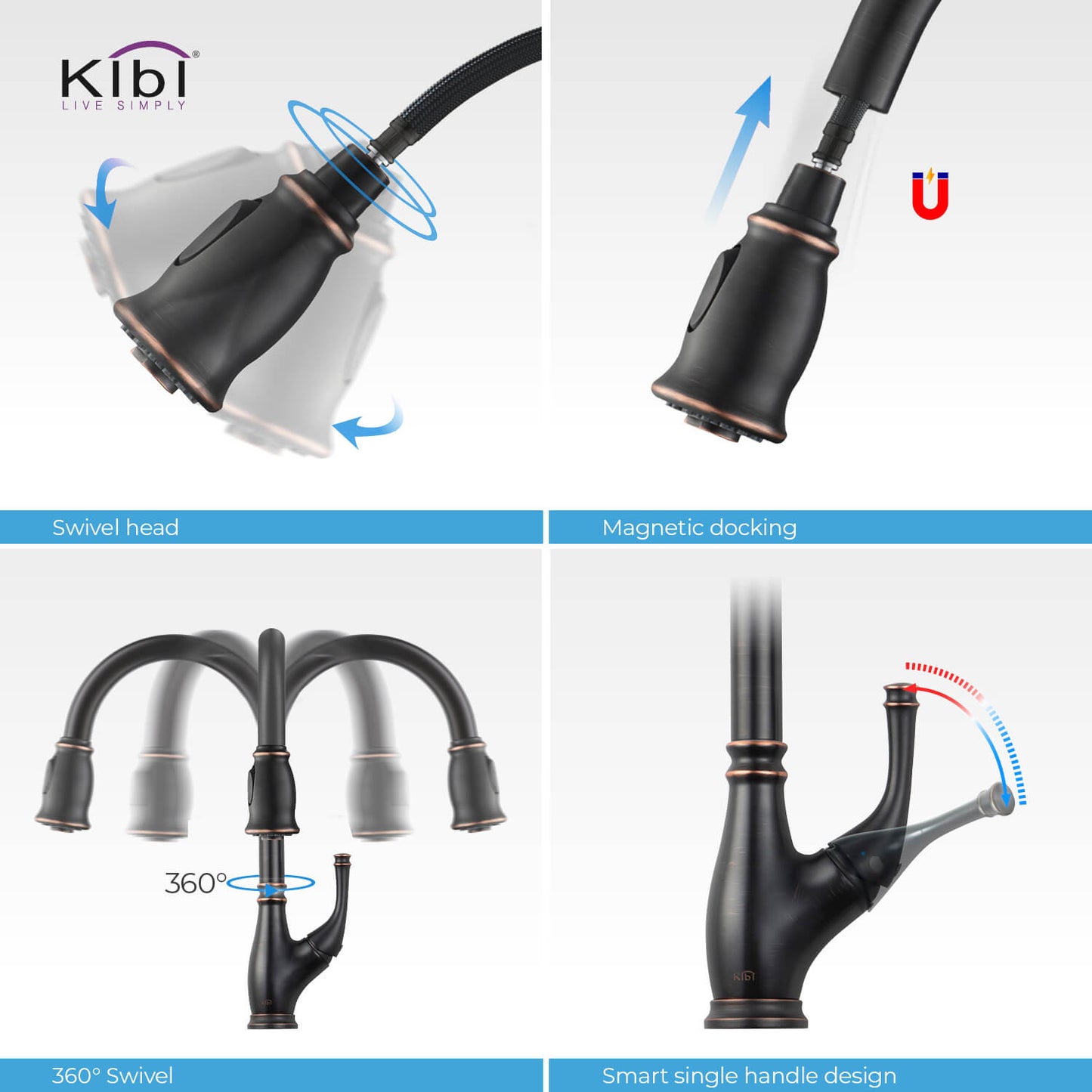 Kibi Summit Single Handle High Arc Pull Down Kitchen Faucet in Oil Rubbed Bronze Finish - KKF2009ORB