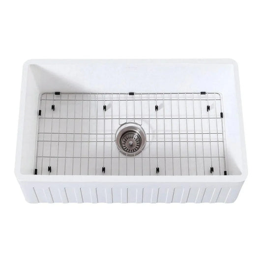 Kingston Brass 30 in. Solid Surface White Stone Apron-Front Single Bowl Farmhouse Kitchen Sink with Strainer and Grid in Matte White - KGKFA301810CD