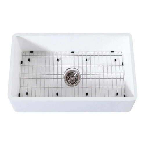 Kingston Brass 33 in. Farmhouse Apron Front Kitchen Sink with Strainer and Grid in Matte White - KGKFA331810BC