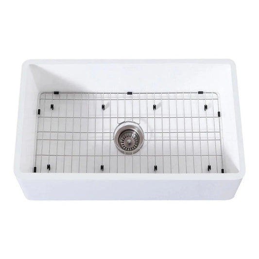Kingston Brass 33 in. Farmhouse Apron Front Kitchen Sink with Strainer and Grid in Matte White - KGKFA331810BC