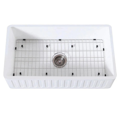 Kingston Brass 33 in. Solid Surface White Stone Apron-Front Single Bowl Farmhouse Kitchen Sink with Strainer and Grid in Matte White - KGKFA331810RM