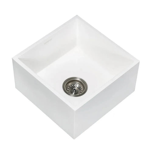 Kingston Brass Arcticstone 15 in. Solid Surface White Stone Apron-Front Single Bowl Farmhouse Bar Prep Sink with Strainer in Matte White - GKUSA15158