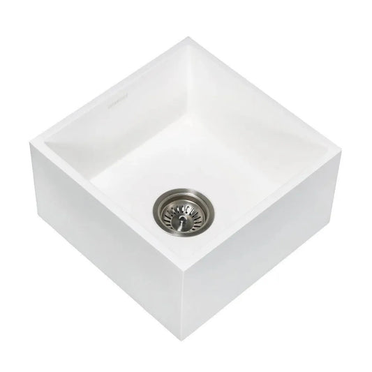 Kingston Brass Arcticstone 15 in. Solid Surface White Stone Apron-Front Single Bowl Farmhouse Bar Prep Sink with Strainer in Matte White - GKUSA15158